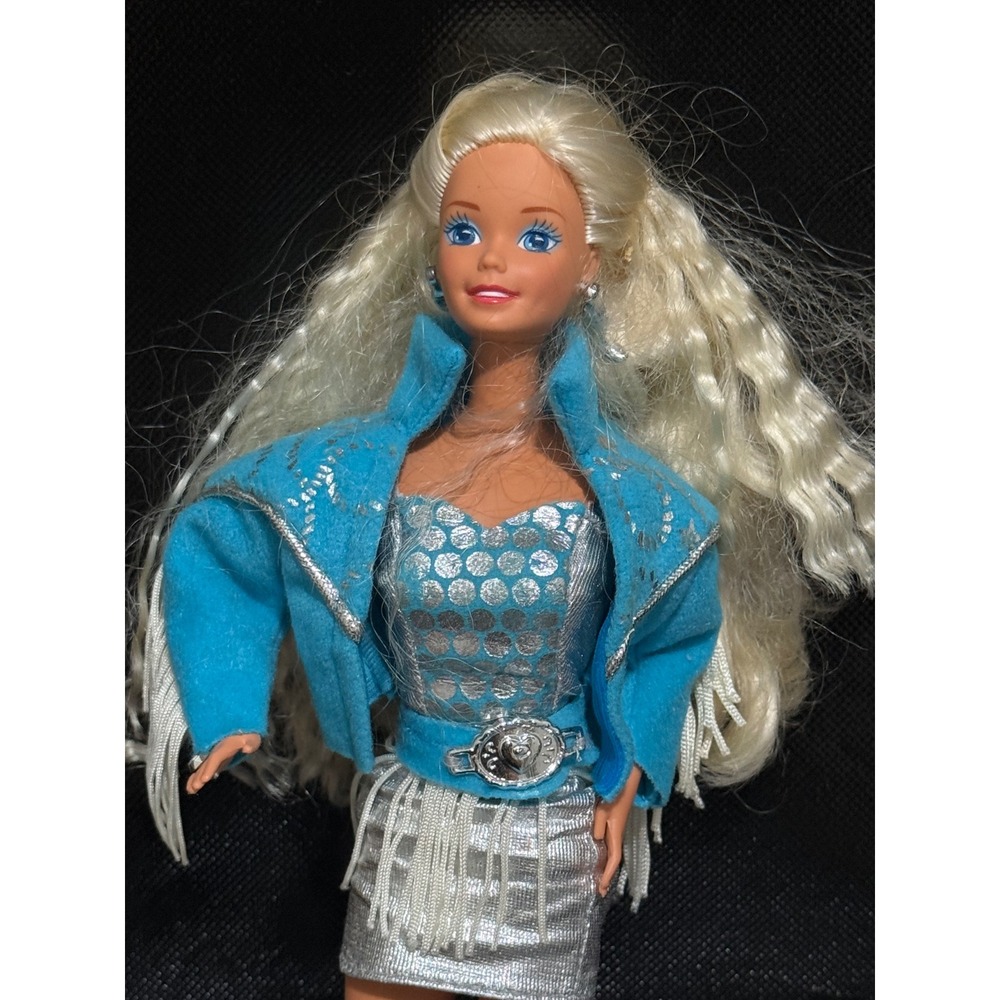 Vintage Barbie Doll Western Star Outfit Blue Jacket Silver Sparkle Skirt Belt